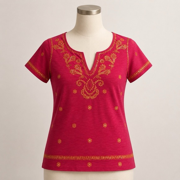 Sundance Tops - Sundance Floral Embroidered Top Womens Small Red Slub Sequin V-Neck Boho Blouse